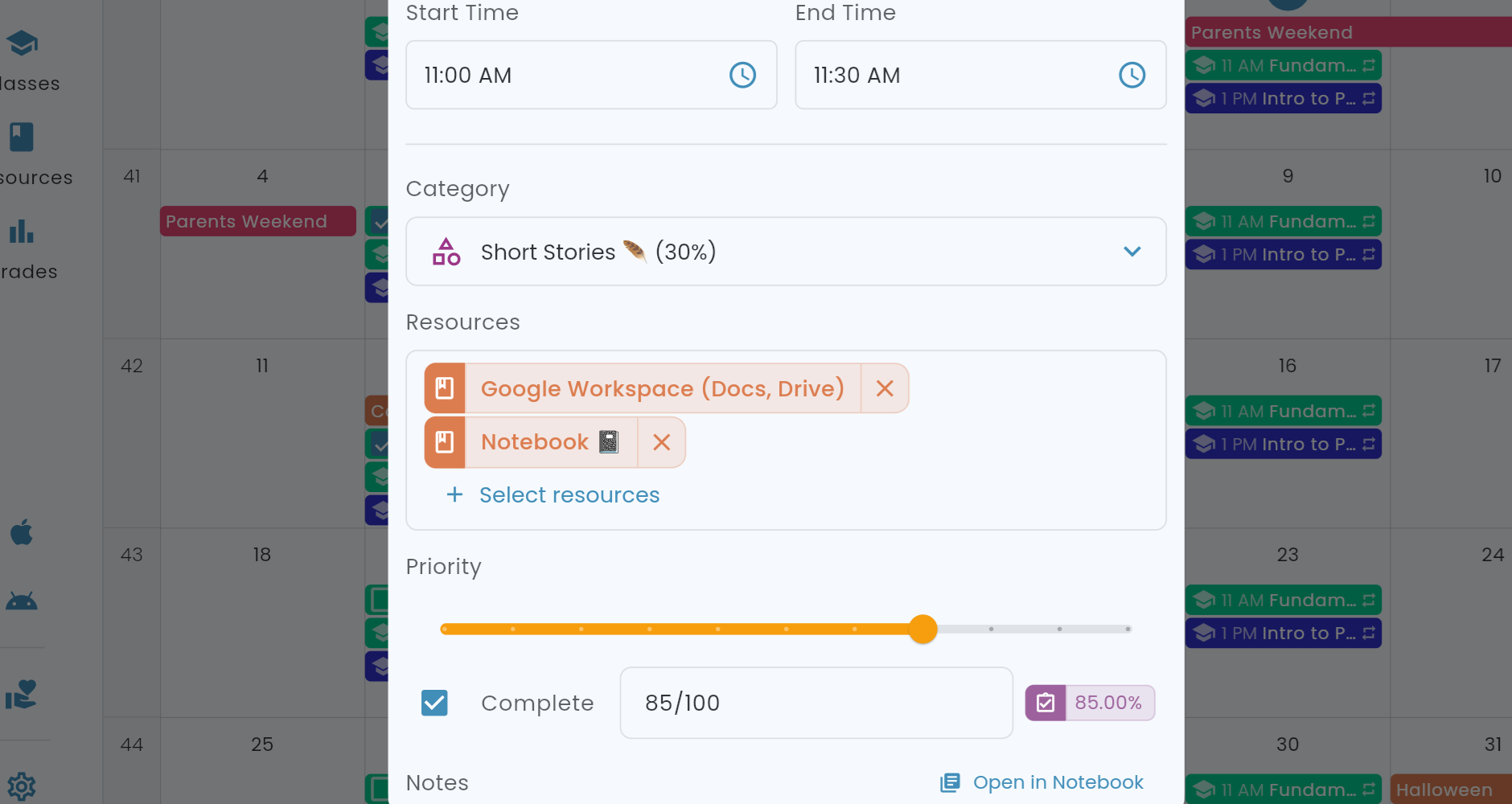 Assignment editor with priority, linked resources, and reminders