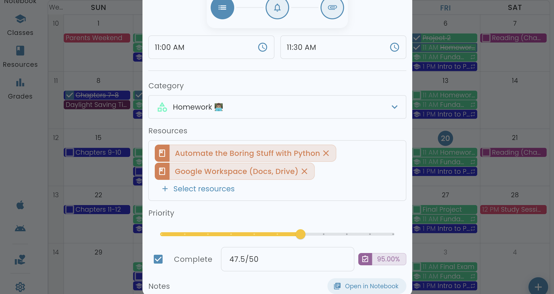 Assignment editor with priority, linked resources, and reminders