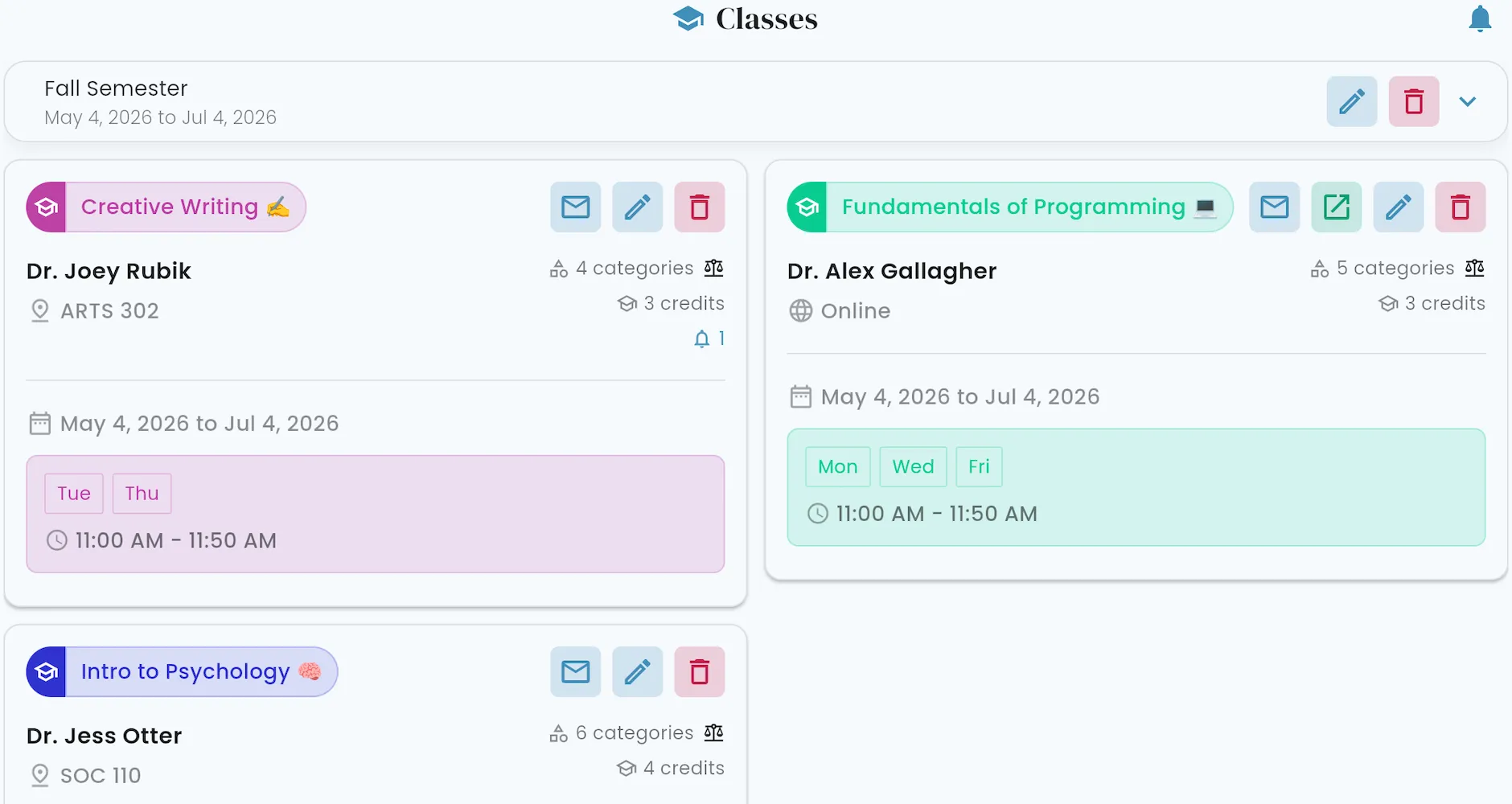 Classes list with teachers and rooms