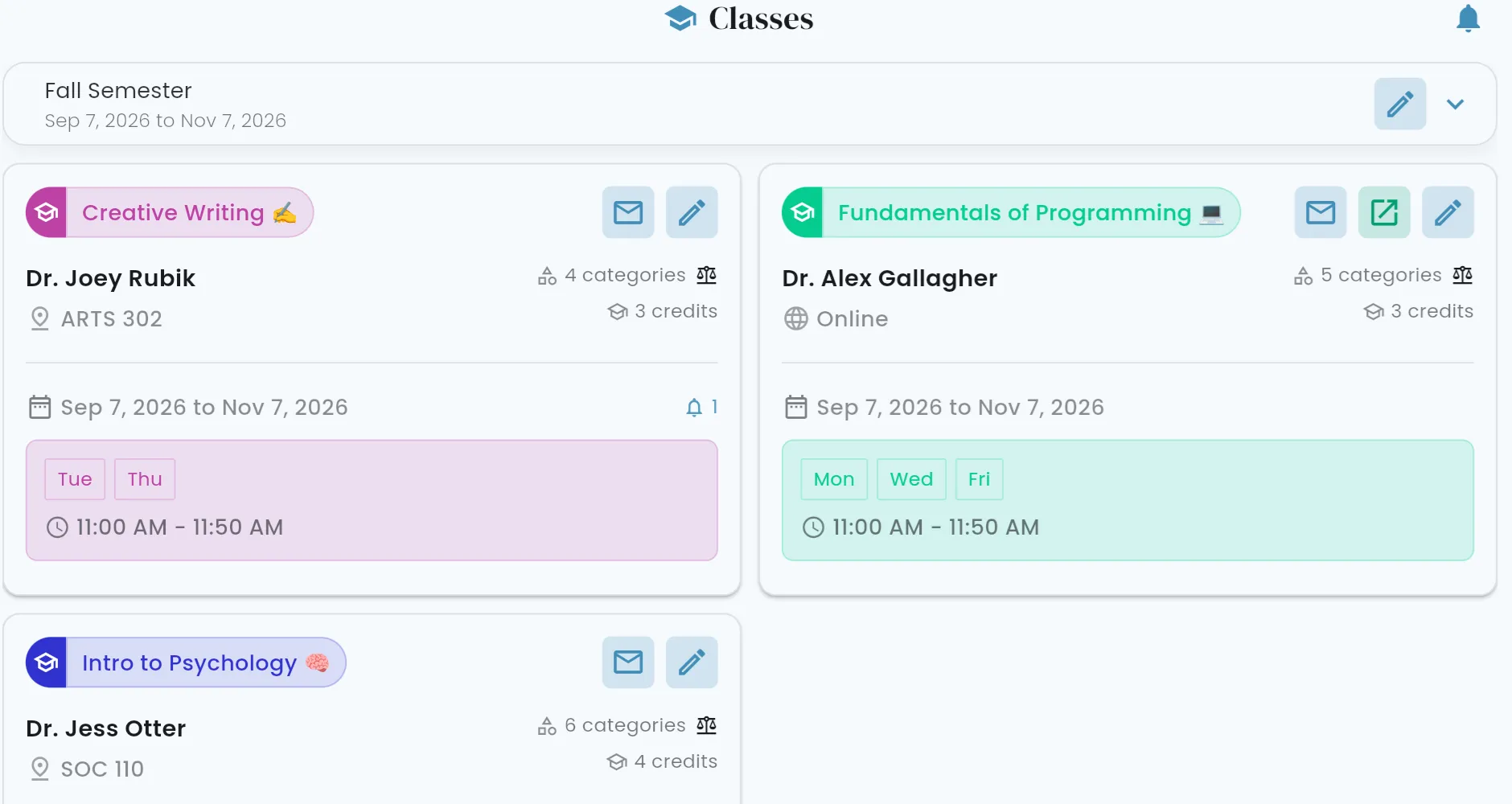 Classes list with teachers and rooms