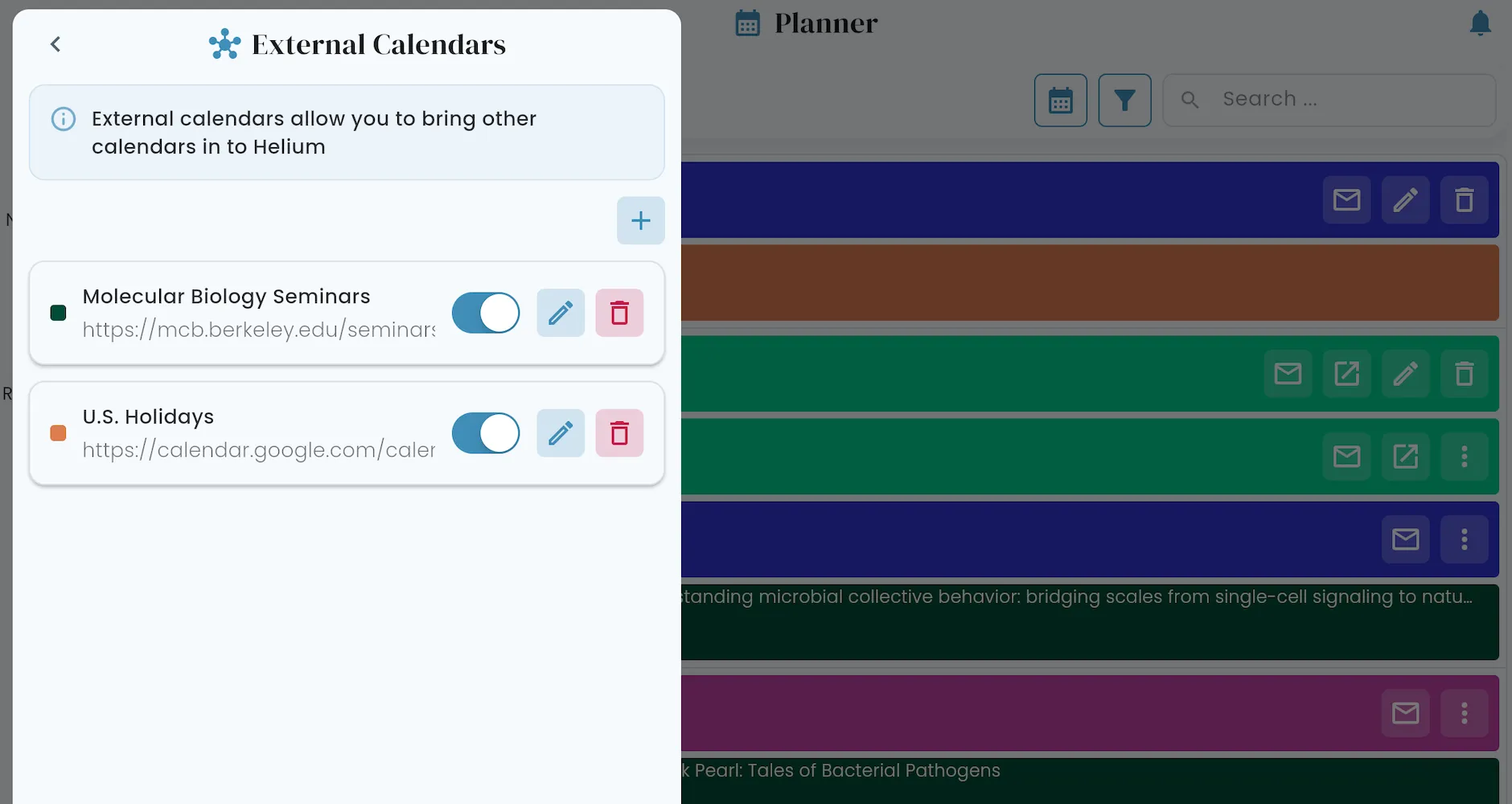 External calendars panel