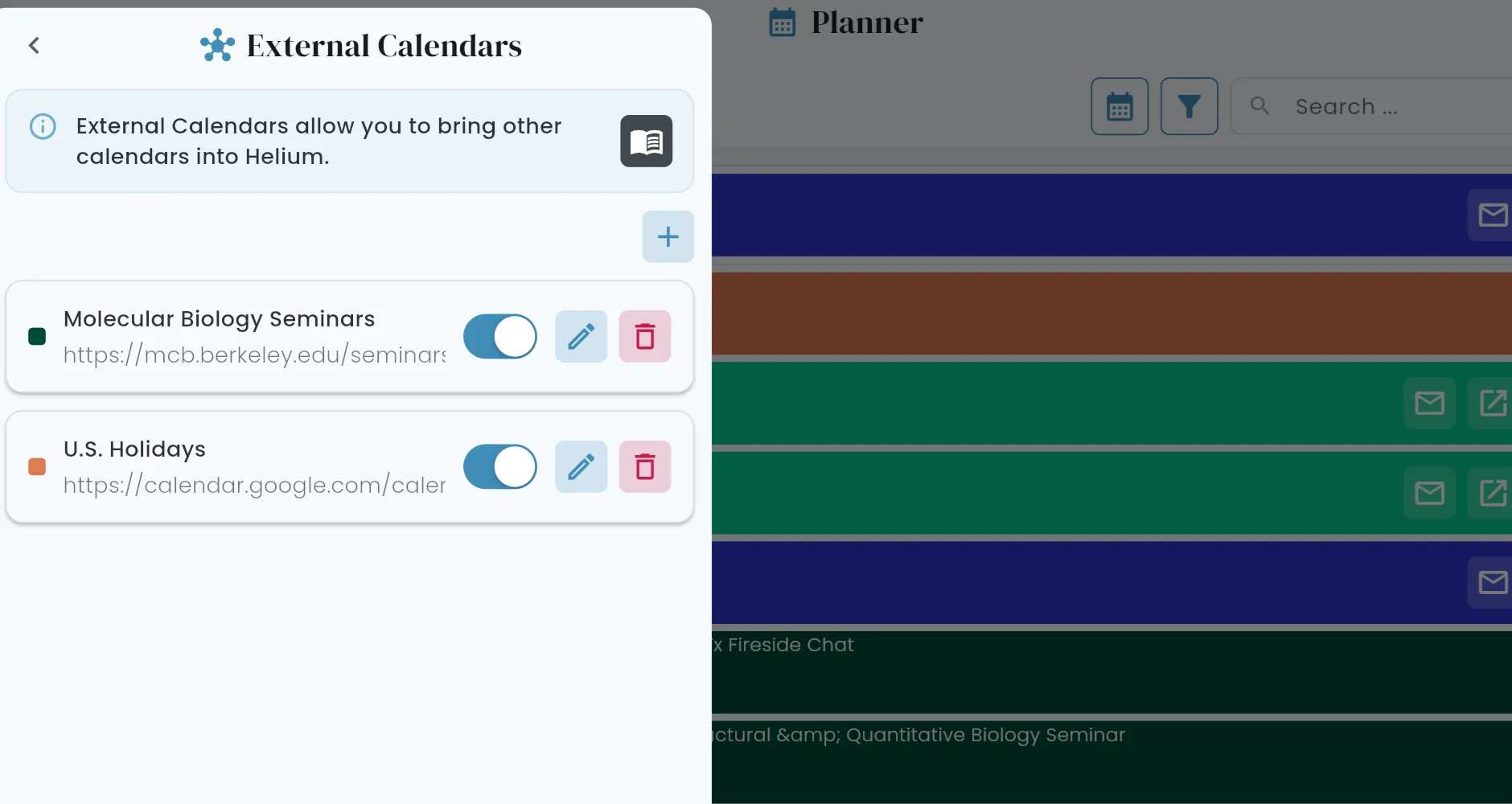 External calendars panel