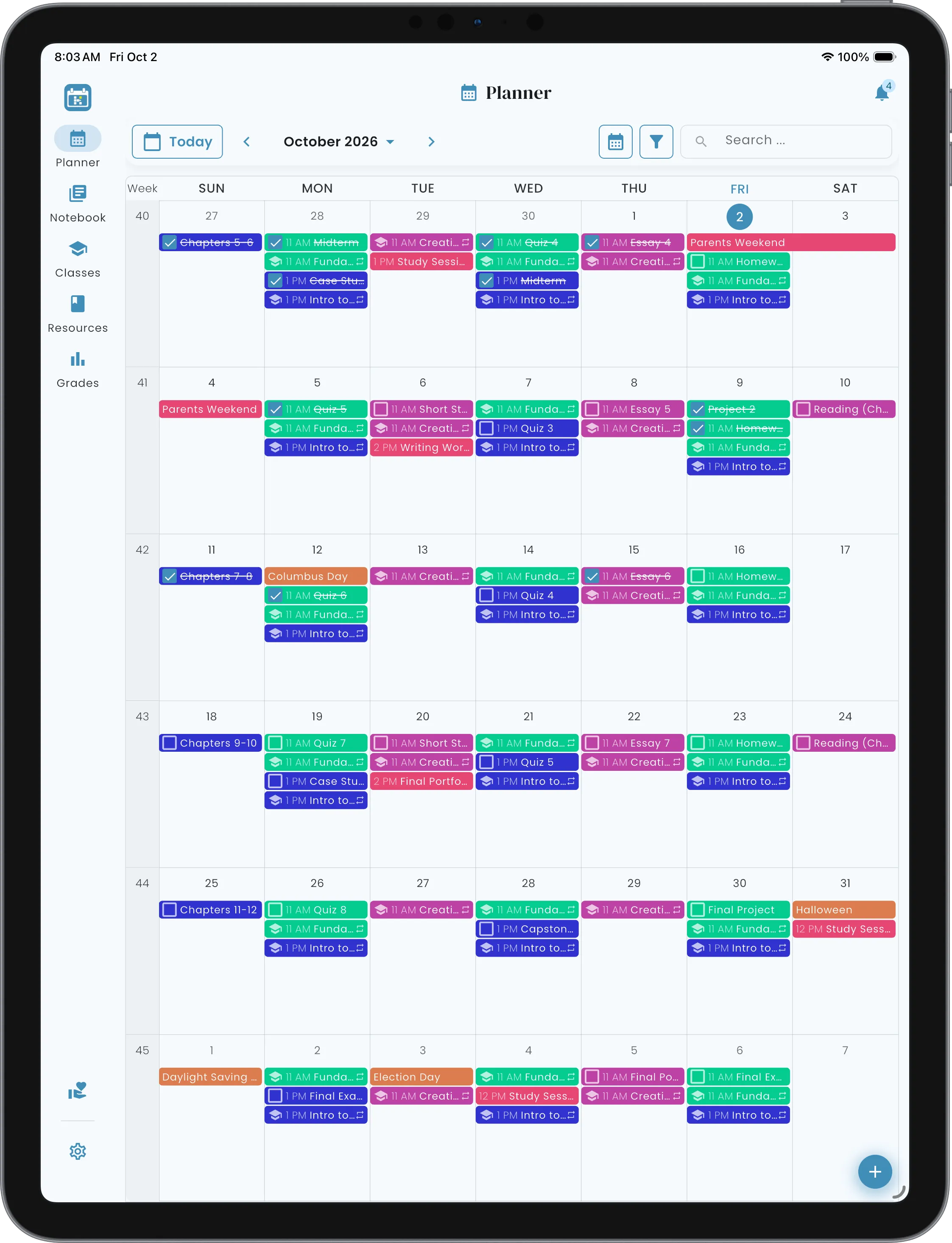 Helium month view on a tablet
